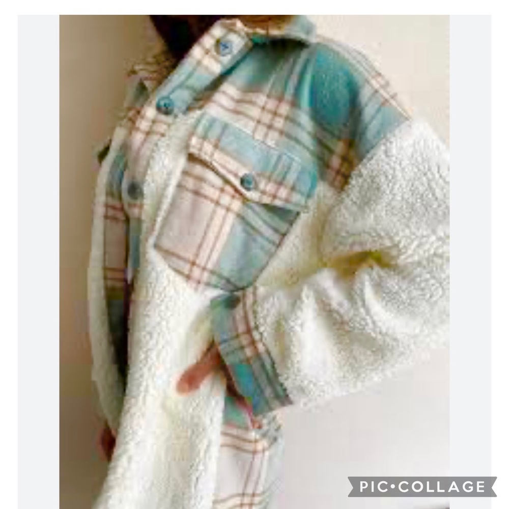 Ivory Mint Plaid Fleece Shacket Jacket L